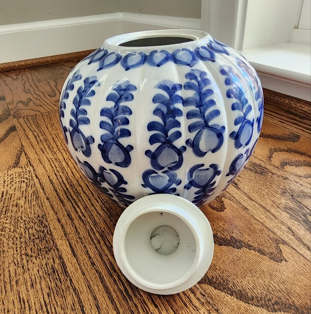 Vintage Porcelain Blue White Flow Round Asian Melon Ginger Jar Lid Chinoiserie - Picture 4 of 7